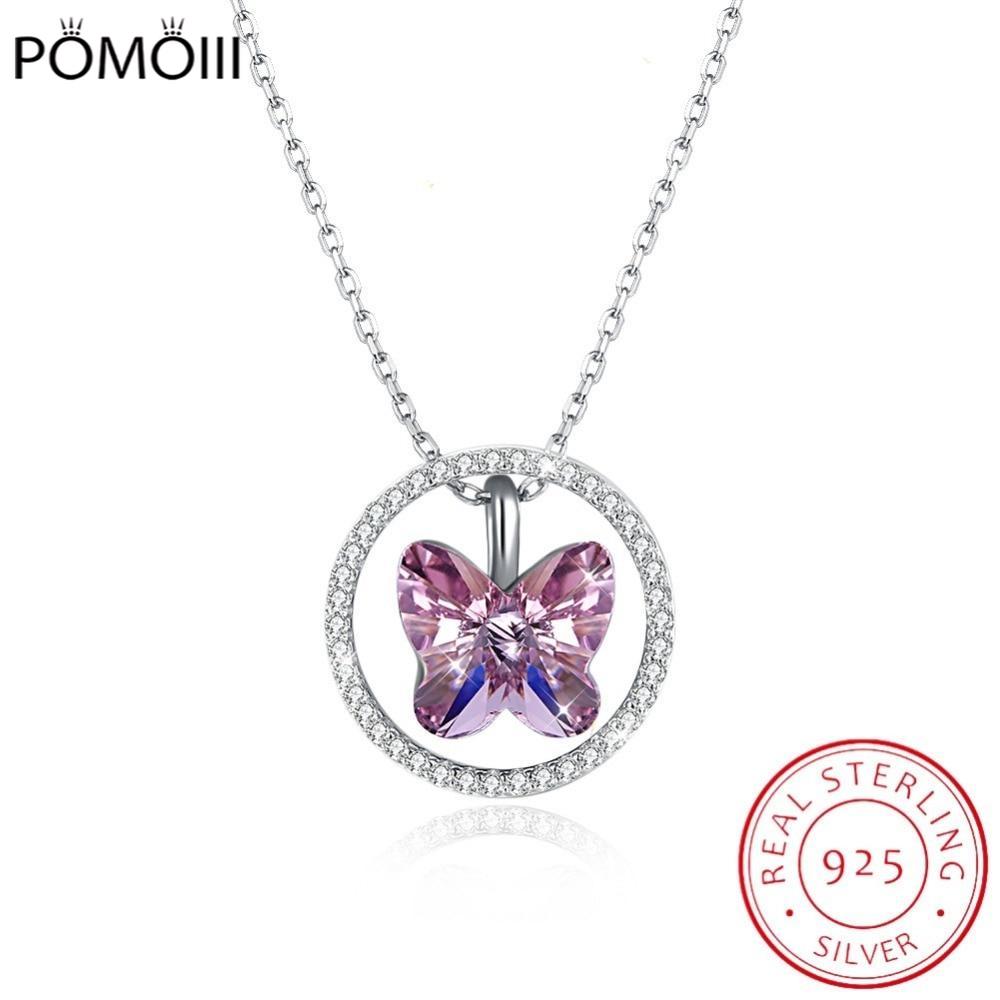 Crystals From Necklace Women Pendants S925 Sterling Silver Jewelry Purple Butterfly Austrian Rhinestone New