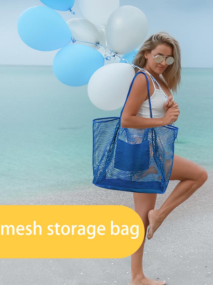 Mesh Beach Bag Single Shoulder Handbag for Women Toiletries and Swimming Clothes Storage Bag 17.3x15.7x5 Inch Khaki
