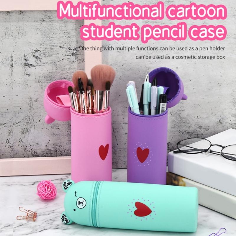 Cartoon Bear Pen Bag Large Compartment Zippered Silicone Pencil Case Standing Up Pen Holder Pencil Bag Gift for Student