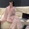 2025 Women's Pink Plaid Flannel Pajama Set: Plush Long Sleeve, Long Pants, Fragrant Style, 3-Piece