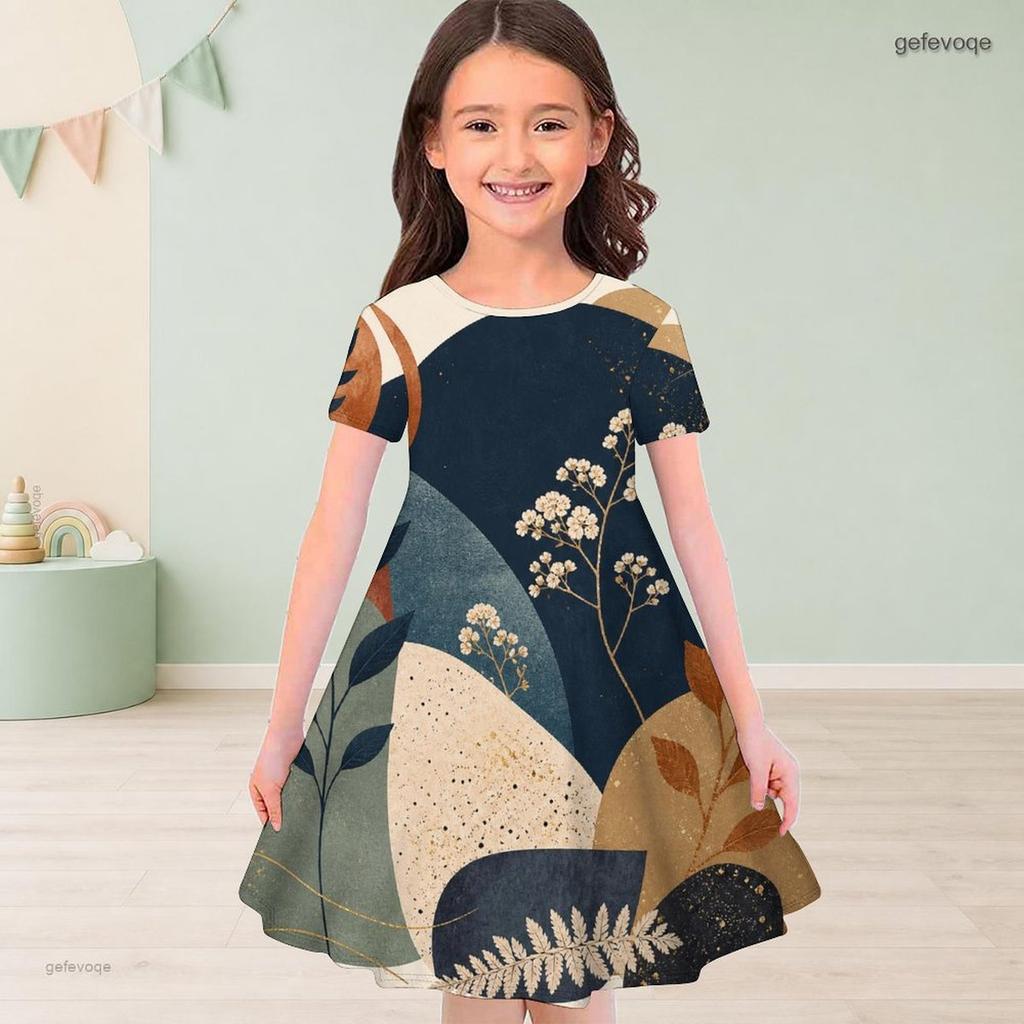 Girls Round Neck Short Sleeve Abstract Floral Printed A Line Flared Dress