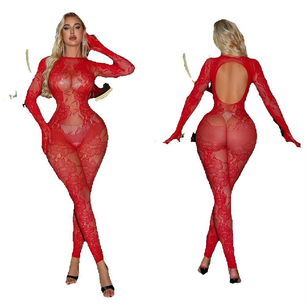 Women Sexy Lace Lingerie Backless Tights Bodysuits Club Jumpsuits See Though Rompers Fishnet Stockings One Piece Netting