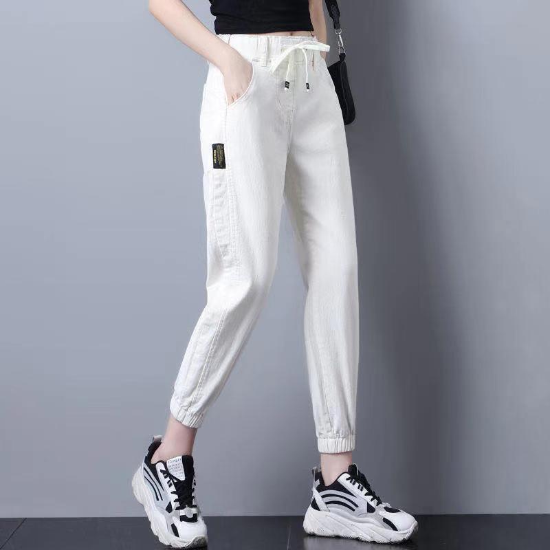 Jeans für Damen Frühling und Herbst Neue koreanische Edition Lockerer elastischer Bund Eng anliegende Neun-Punkte-Harems-Hose für Damen