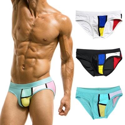 Men Swimming Trunks Elastic Soft Quick Dry Slim Fit Color Matching Mid Waist Bathing Briefs