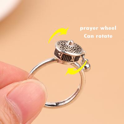 Buddhist Tibetan Prayer Wheel Ring Good Luck Chakras Ring Lotus Floral Ring