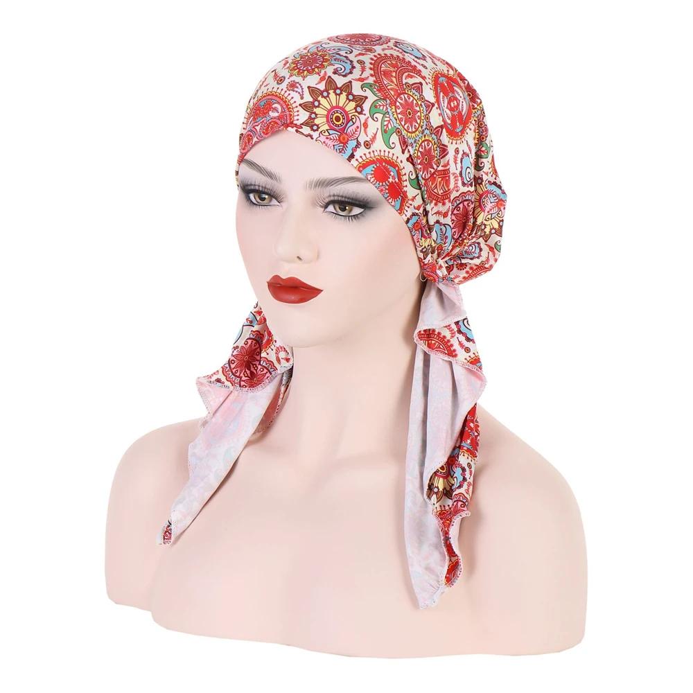 New Muslim Inner Hijab Turban Women Pre-Tied Cap Long Tail Headscarf Wrap Beanies Bonnet Head Scarf Stretch Headwear Ninja Hat