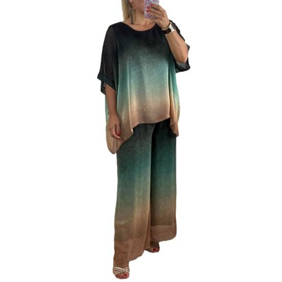 

Летние комплекты из 2 предметов большого размера для женщин с круглым вырезом и коротким рукавом, брюки с широкими штанинами, повседневный свободный комплект для отдыха S морской синий