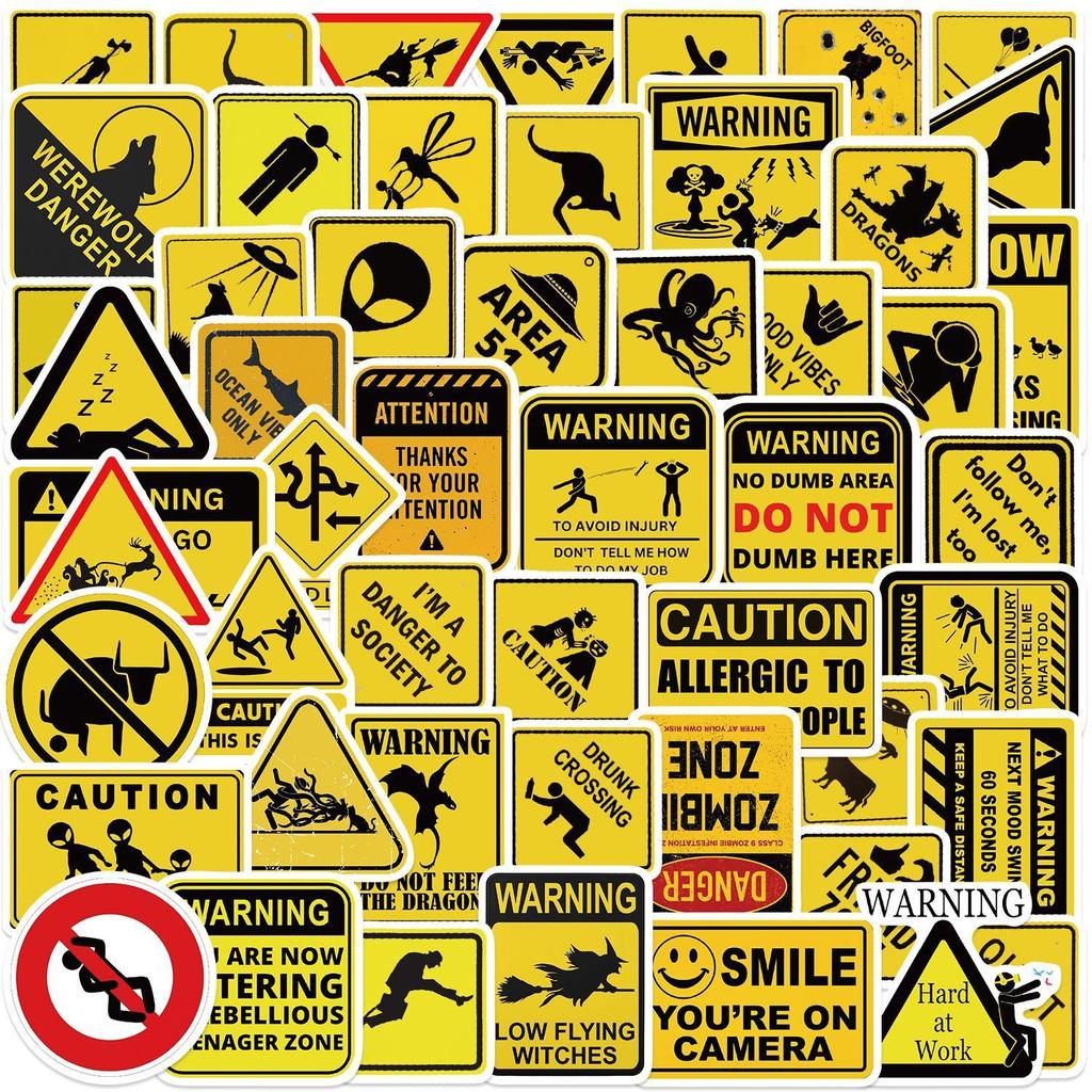 53PCS Warning Sign Stickers Cartoon Funny Danger Banning Decals Cool Decorative Skateboard Motorcycle Phone Laptop Helmet Toys