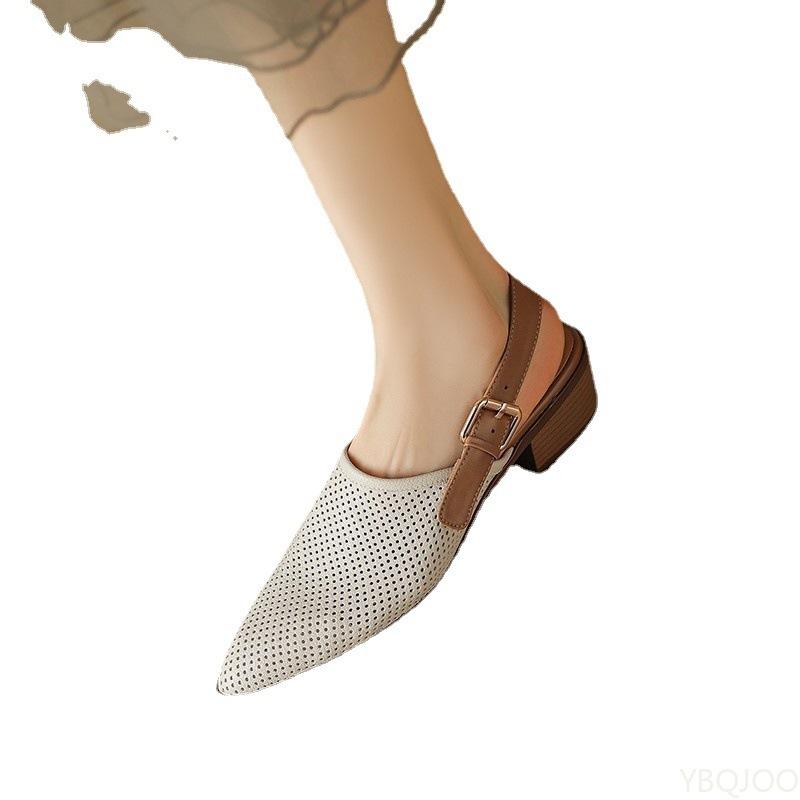 Fashion Women 2025 New Fashionable Pointed Shoes Women Simple Versatile Square Heel Shoes Knitted Mesh Breathable Hollow Out Sandals