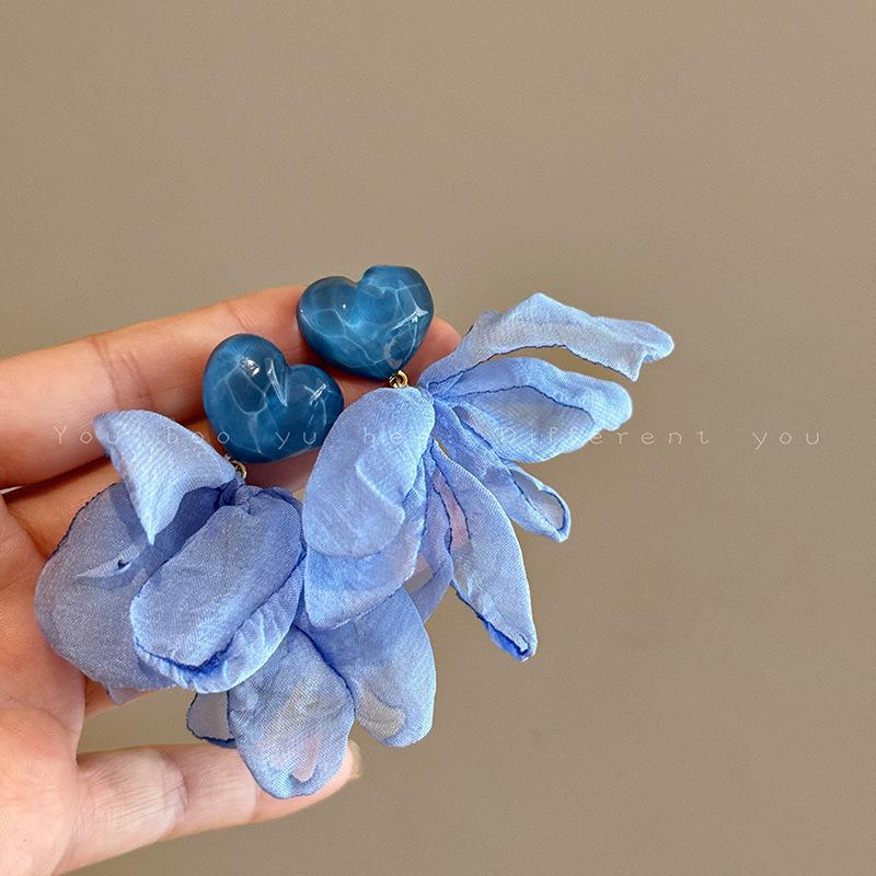 Sweet Pink Heart Chiffon Petal Stud Earrings - Unique French Fairy Design