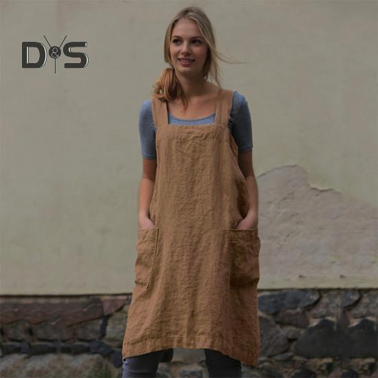 Women Bib Apron X Shape Back Bandage Design Wide Strap Large Pocket Apron Dress Kitchen Cooking Cleaning Tools