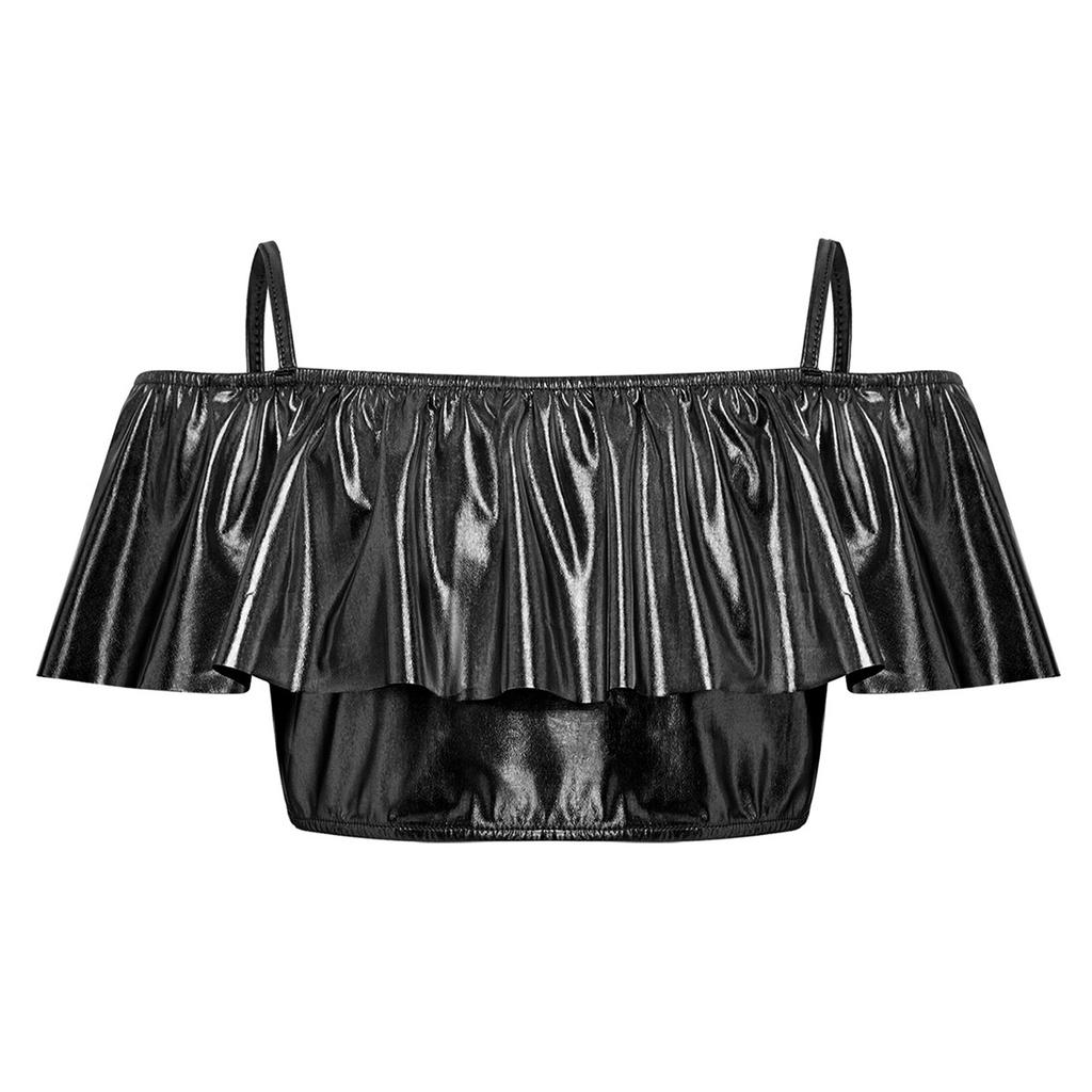 Girls Dancewear Off Shoulder Sleeveless Metallic Ruffle Crop Top and Shiny Tutu Skirt for Stage Competition Party Wear