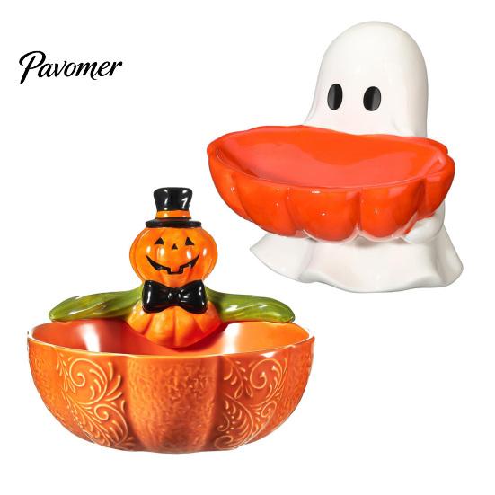 Cute Ghost Figurine Halloween Candy Bowl, Pumpkin Shaped Dish, Spooky Serving Party Food Holder Tray for Cookie, Dessert, Trick or Treat Decor