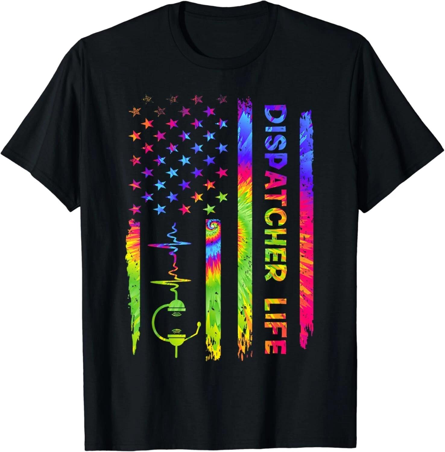 American USA Flag 911 Dispatcher Vintage Tie Dye Rainbow Gift Unisex T-Shirt 3XL