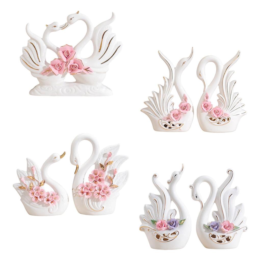 Set of 2 Swan Figurines Ceramic Craft Animal Statues for Home Display