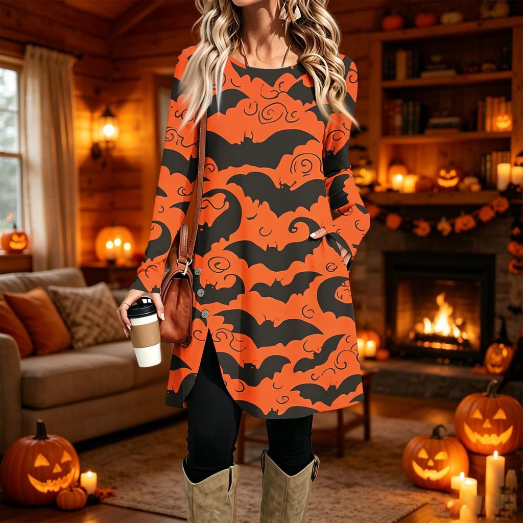 Women's Casual Long Sleeve Printed Round Neck Dress for Everyday Wear