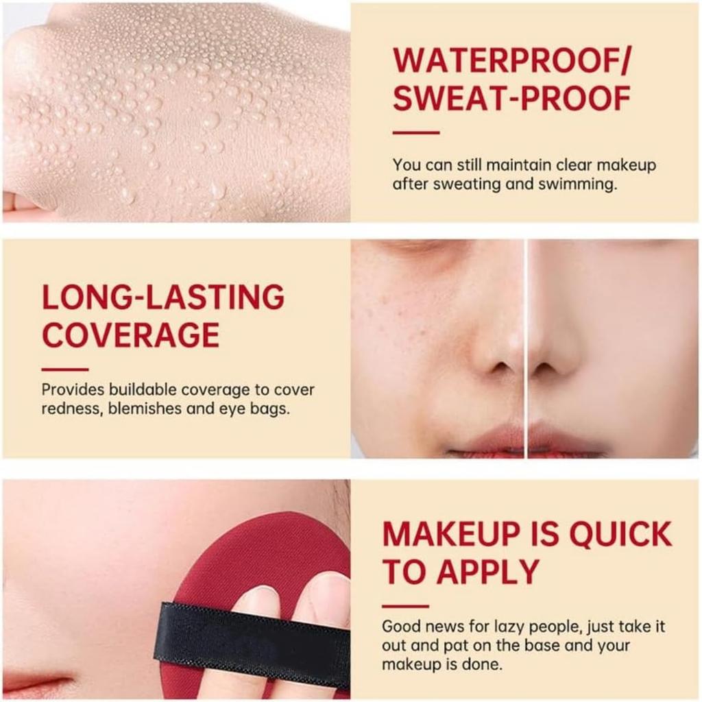 Red cushion foundation Light finish Lasts for 72 hours Buildable coverage Sun transparent makeup Focuses on maintaining coverage texture, semi-matte