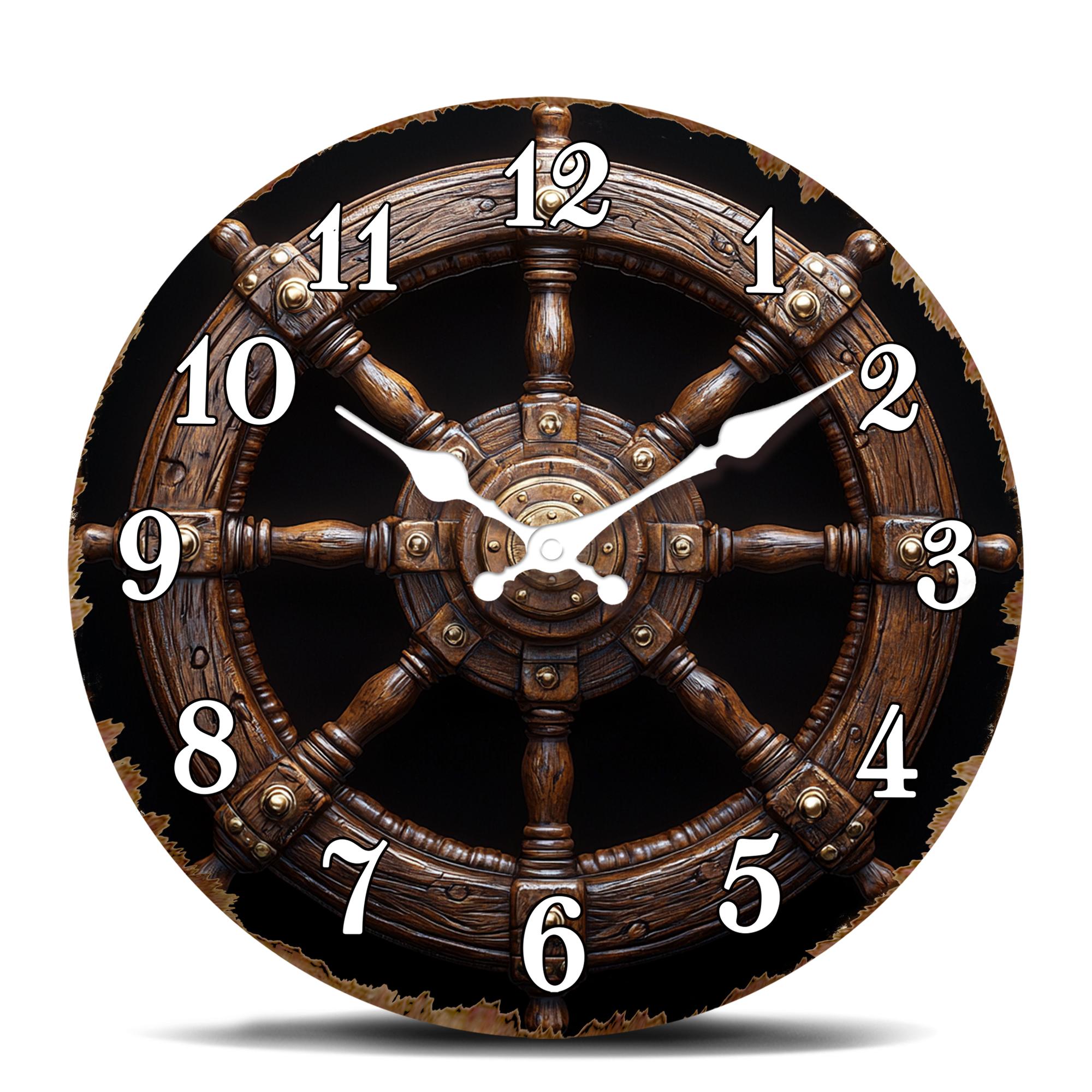 Nautical Wooden Ship Wheel Round Wall Clock - Vintage Maritime Decorative Timepiece with Brass Accents 10 inch