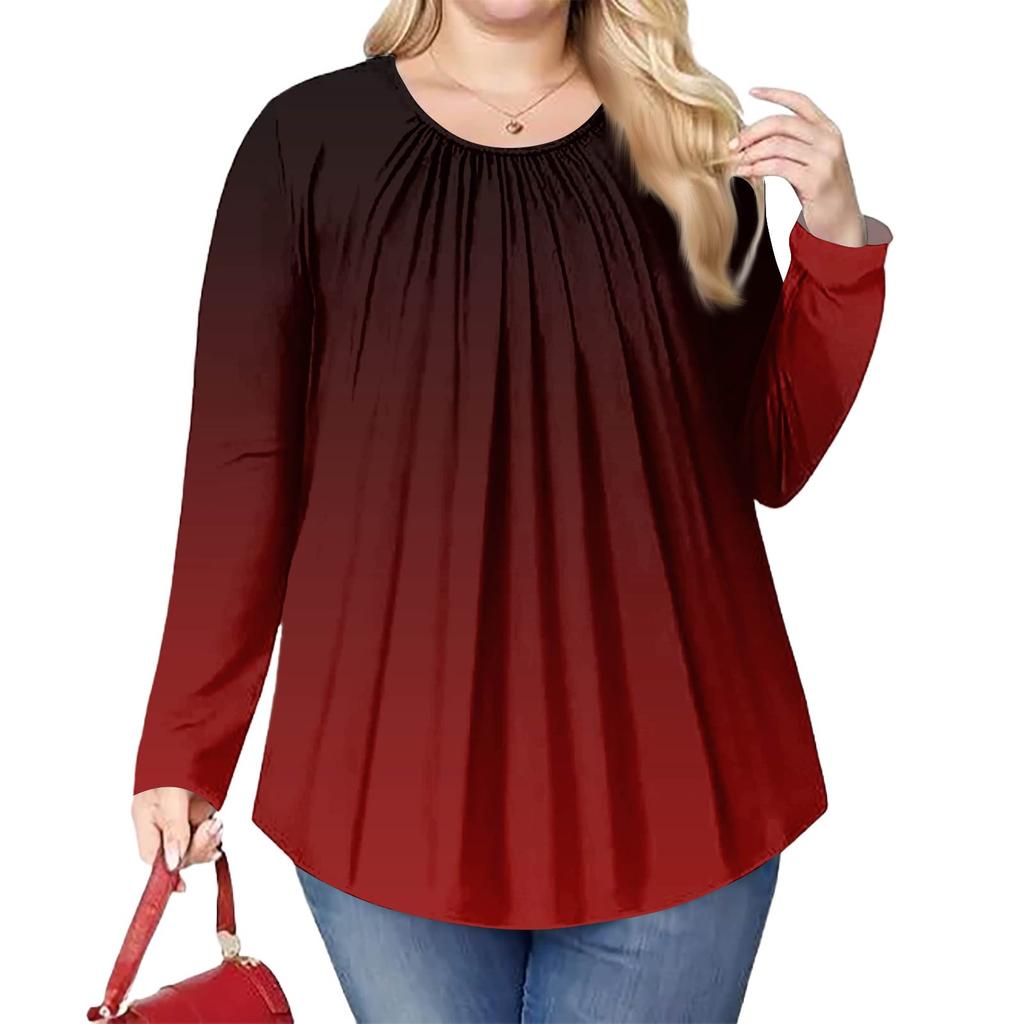Women's Plus Size Fashion Printed Casual Pleated Round Neck Long Sleeve Top