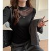 Womens Mesh Patchwork Long Sleeve T-Shirt Slim Fit Semi-High Neck Fall Winter Inner Top Fashionable