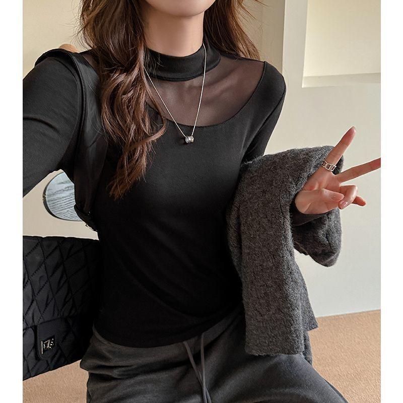 Womens Mesh Patchwork Long Sleeve T-Shirt Slim Fit Semi-High Neck Fall Winter Inner Top Fashionable
