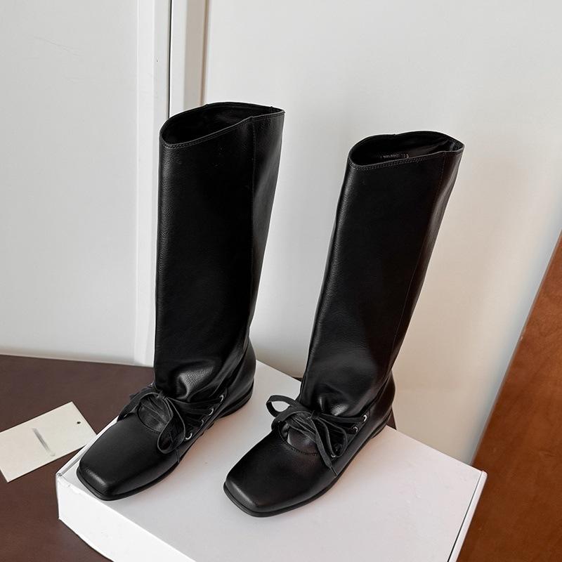 

3.5CM niche cool handsome but knee boots 2025 autumn and winter new square head thick heel lace-up knight boots women 34