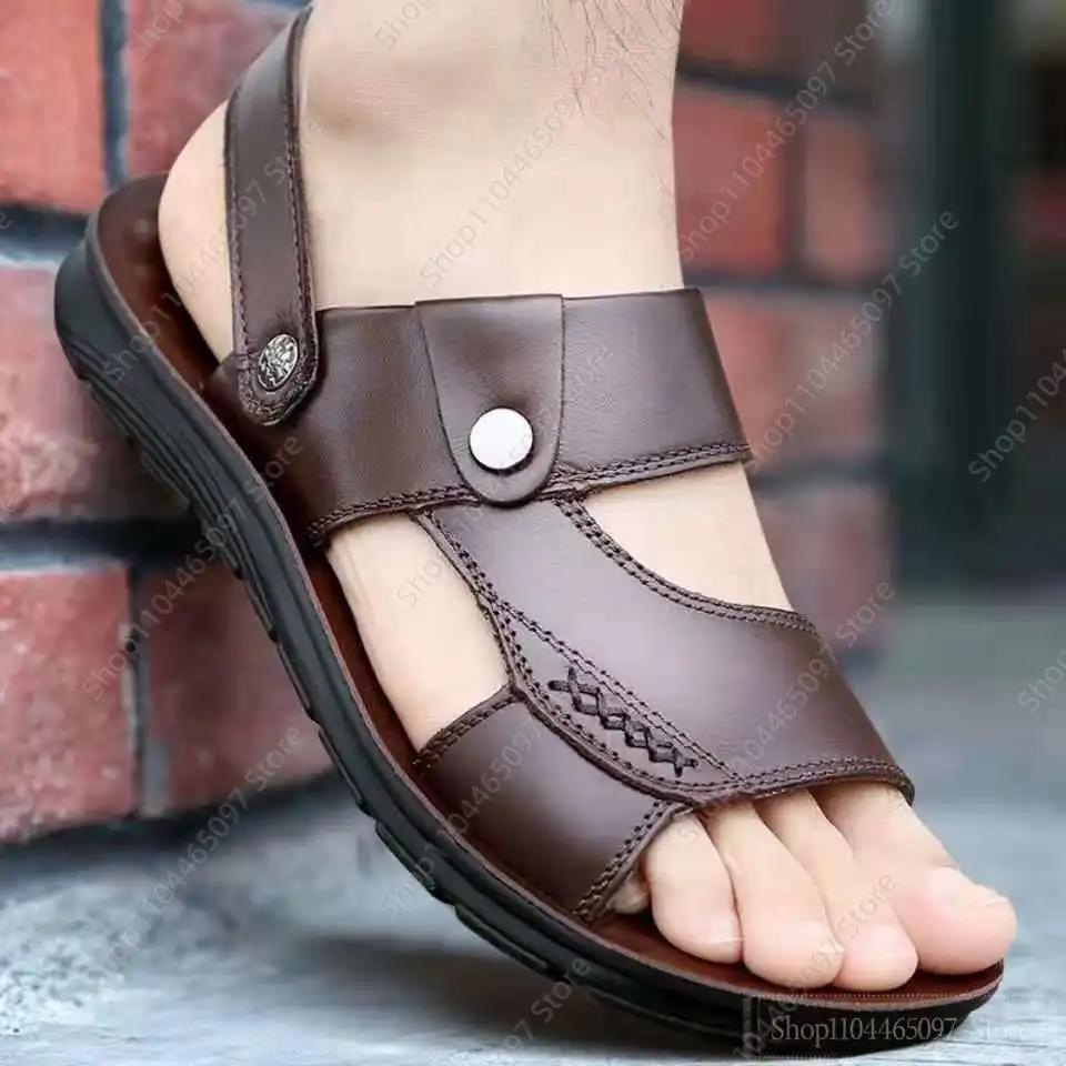Fashion Men's Summer New Sandals and Slippers Men's Leather Sandals Adult Thick-soled Beach Shoes Non-slip Open-toe Leather Sandals