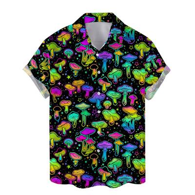 Buntes Hawaiihemd mit Pilz-3D-Druck für Herren, Sommerurlaub, Pflanzen, Strandhemden, Knopfleiste, kurzärmelig, Street-Aloha-Shirt