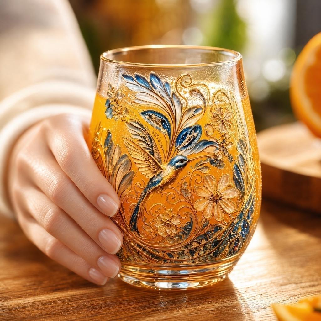 Handcrafted Glass Tumbler with Intricate Floral and Bird Design Embellished with Gold Accents Suitable for Decorative and Everyday Use