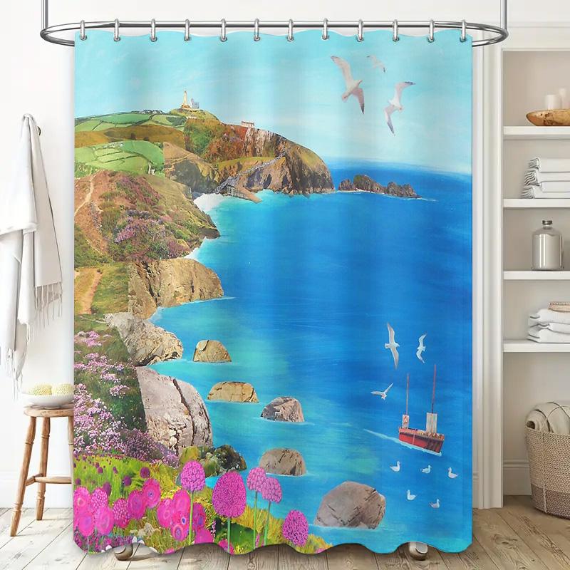 Ocean Landscape Shower Curtain Coastal Sea View Decor Bathroom Fabric Backdrop Artistic Wall Hanging Home Decor
