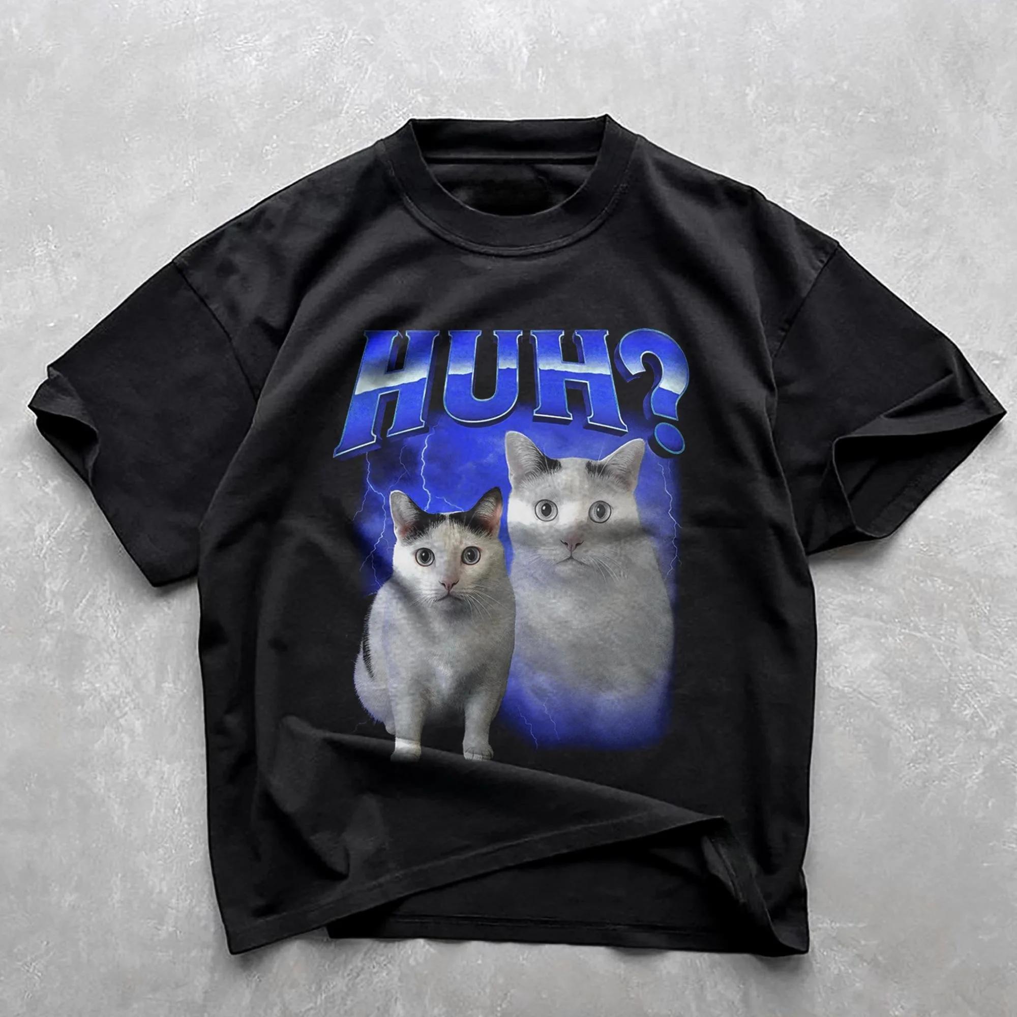 HUH Забавная футболка с мемом про кота для мужчин Глупый мозг Милый котенок Графика Y2K Юмористическая надпись Унисекс Футболка Модный наряд S