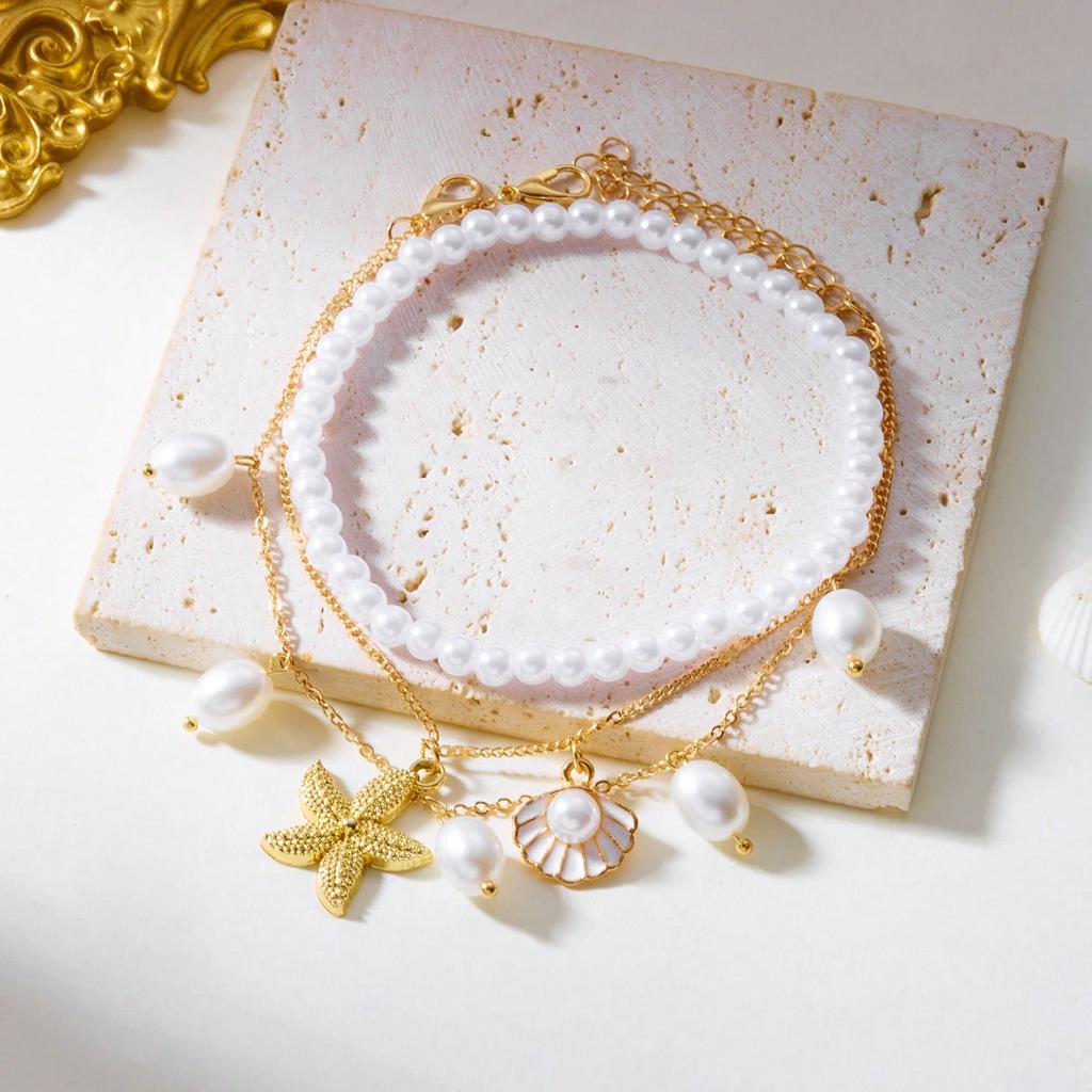 3pcs/Set White Pearl Tassel Sea Star Shell Pendant Anklet Gold Color Multilayer Women Foot Jewelry, Suitable For Daily Wear And Vacation