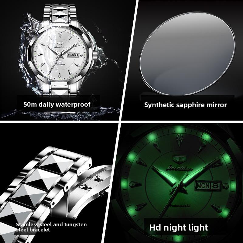 JINSHIDUN New Business and Leisure Men's Watch Automatic Mechanical Watch Tungsten Steel Double Calendar Luminous Waterproof High-end Watch