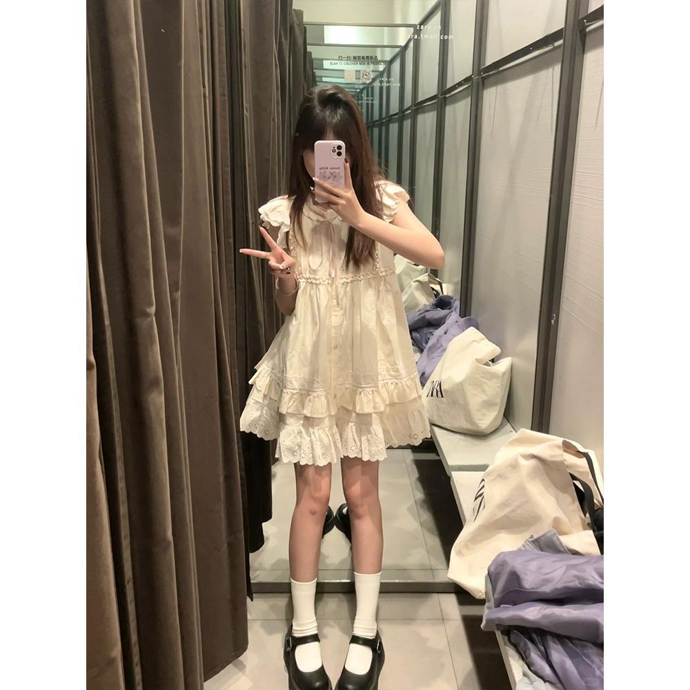 Vintage Milk Sweet Small Fly Sleeve Dress Women's Summer Fungus Lace Princess Doll Short Dress Small Man
