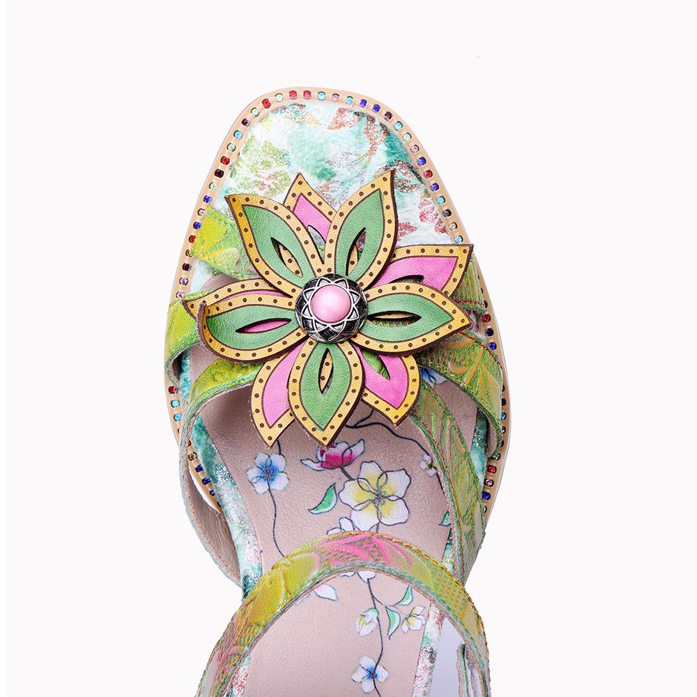 Johnature Women's Summer Shoes Genuine Leather Painted Retro Contrast Comfortable High Heeled Sandals