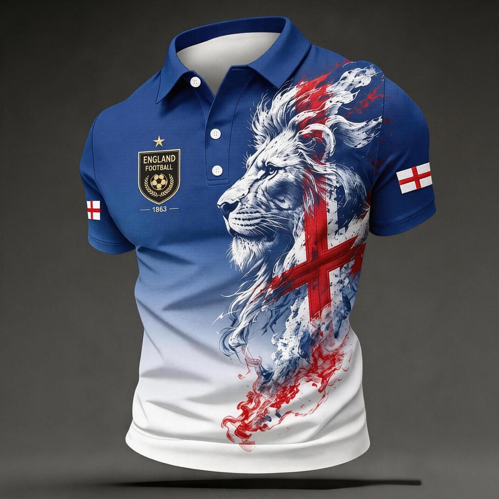 Men's Football Polo Shirt England Inspired Classic Fit Short Sleeve Sports Jersey Breathable Lightweight Fabric