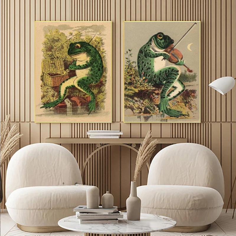 Tablou pe Pânză Desen Animat Broască Banjo Postere și Imprimeuri Animale Vintage Amuzant Artă de Perete pentru Creșă Imagine pentru Living Decor Acasă
