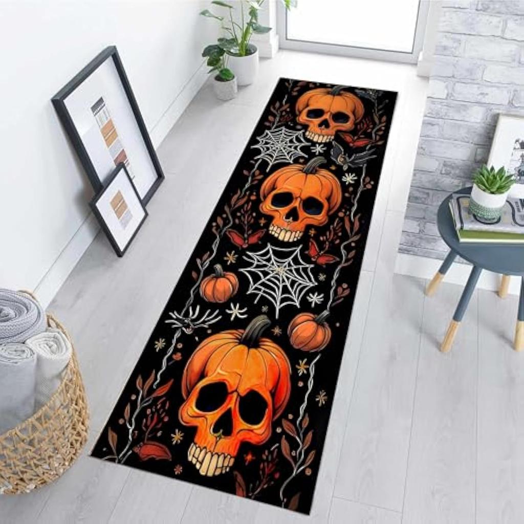 Halloween Runner Rug Abstract Pumpkin Skull Carpet Kitchen Anti-Slip Spider Web Printed Rugs for Living Room Home Decor