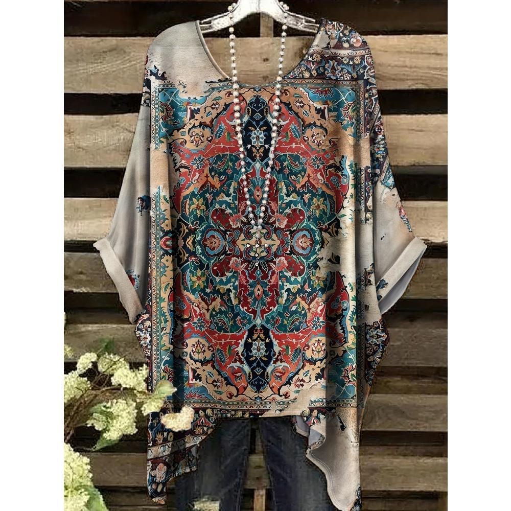 Sommer Damen T-Shirt Ethnischer Stil Gedruckter Frack Rundhalsausschnitt Lässig Bequem Y2k T-Shirt Vintage Damen Kurzarm-T-Shirt