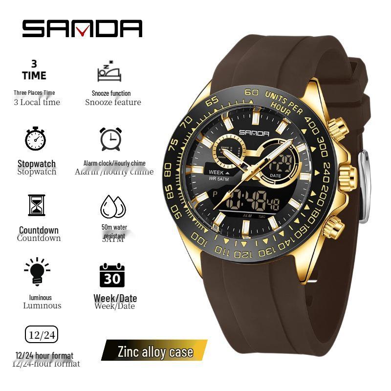Sanda Men's Waterproof Dual Display Multi-Function Watch with Timer, Snooze, and Night Light.