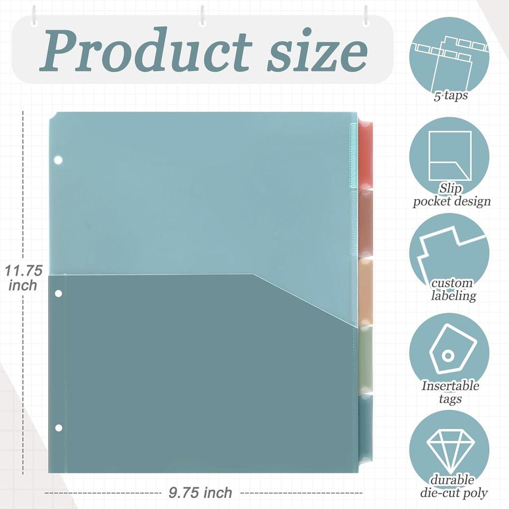 Janlaugh 4 Sets 5 Tab Plastic Binder Dividers Plastic Index with Pockets for 3 Ring Binders 9 3/4 x 11 1/2 Inches 3 Hole Page Colorful Dividers