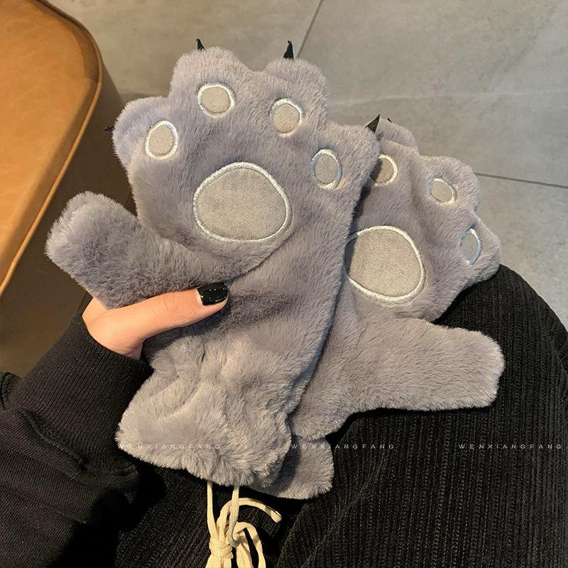 Cartoon Cute Bear Paw Cat Claw Plush Gloves Female Neck Girl Student Plush Thickened Cold Winter Cycling Tide