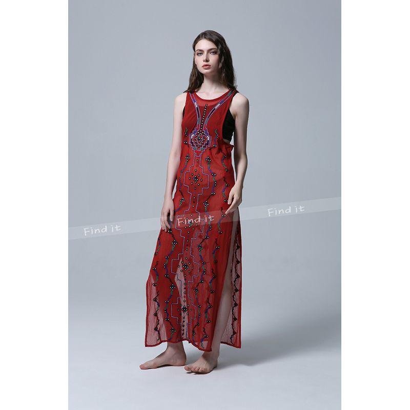 

New Summer Products! Fashion FP Export Exotic Beaded Embroidery Vest Sleeveless Dress Cotton Mesh Dress Burgundy S