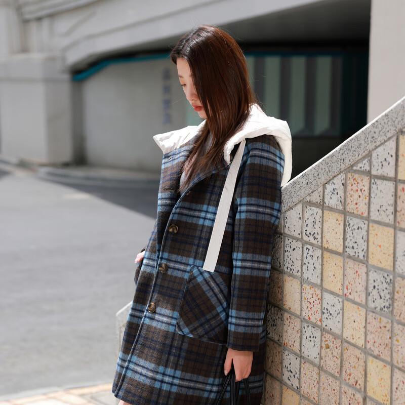 Sancai Women's Plus Size Hooded Plaid Faux Two-Piece Down & Wool Coat