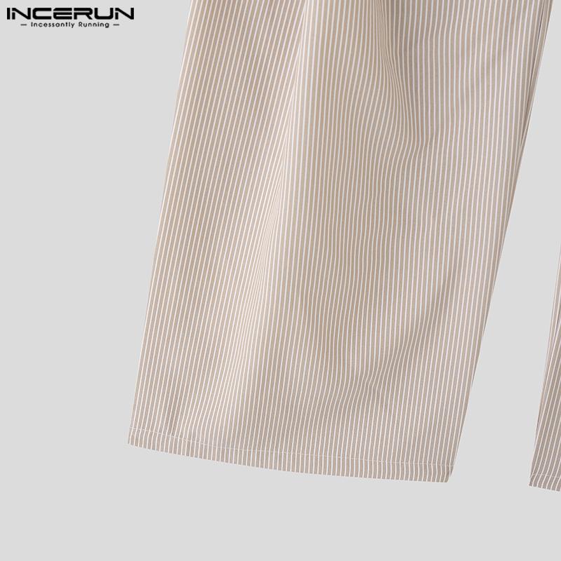 INCERUN Men Casual Zipper Waist Striped Long Ruffled Wide Legs Pants Trousers