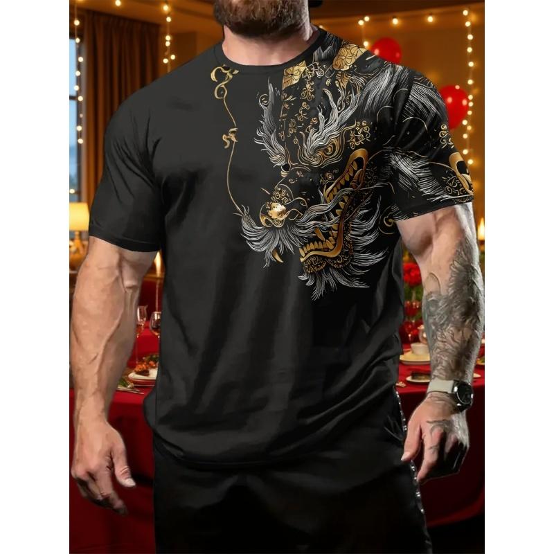 3D Printed Rose Dragon T Shirt For Men Flower Pattern T-Shirts Summer Fashion Round Neck Loose S