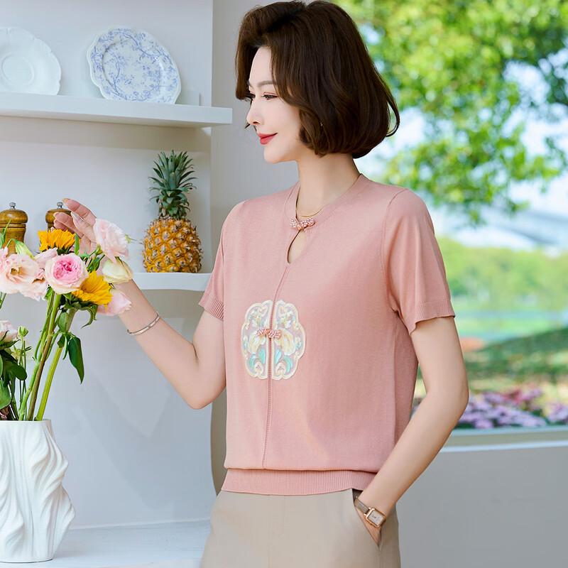 New Chinese Style Embroidered Ice Silk Short Sleeve T-Shirt for Middle-Aged Women