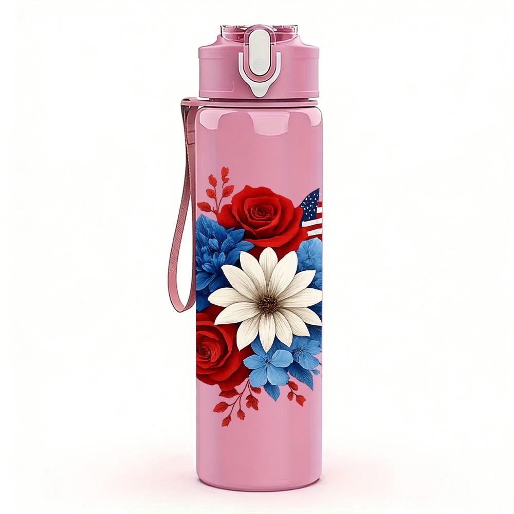 1PC Red White Floral Wreath Art 750ml Color Plastic Sports Water Bottle Leakproof Flip Straw Lid Suitable for Sports Office Home Use