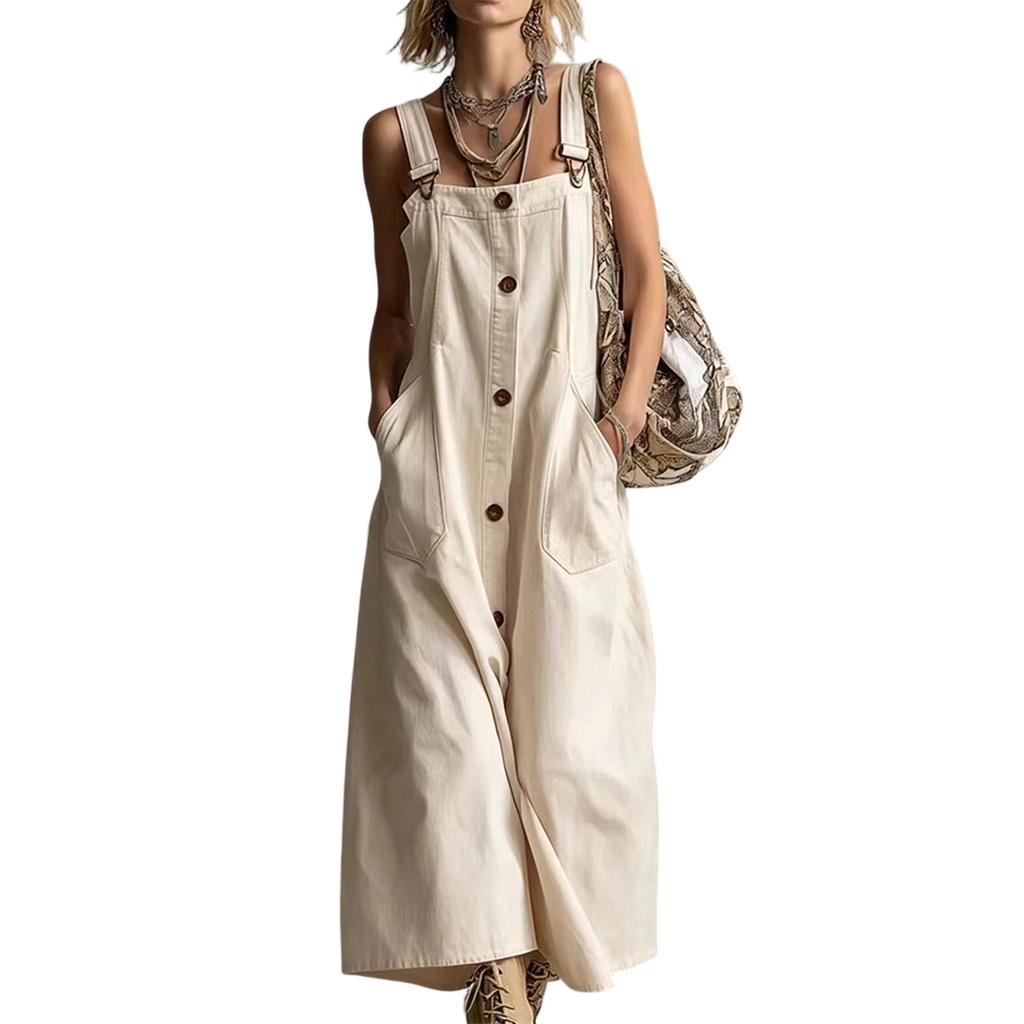 Women’s Sleeveless Button Front Long Overall Dress Adjustable Strap Loose Fit Casual Pinafore with Pockets for Everyday Wear