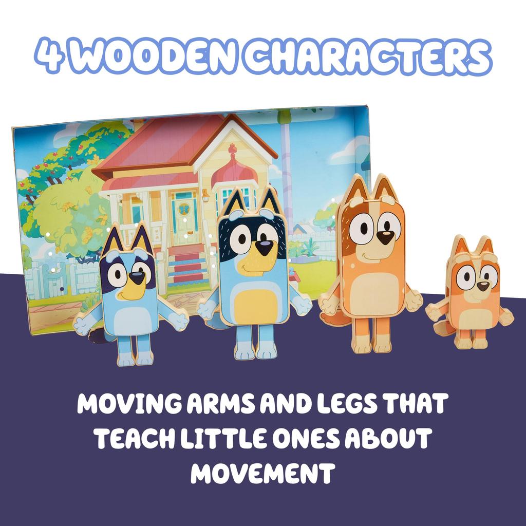 Bluey Characters Wooden Figures, Set of 4, Colorful Articulated Wooden Toys for Toddlers, Includes Bingo, Chili, and Bandit, Block Set for Ages 3 and